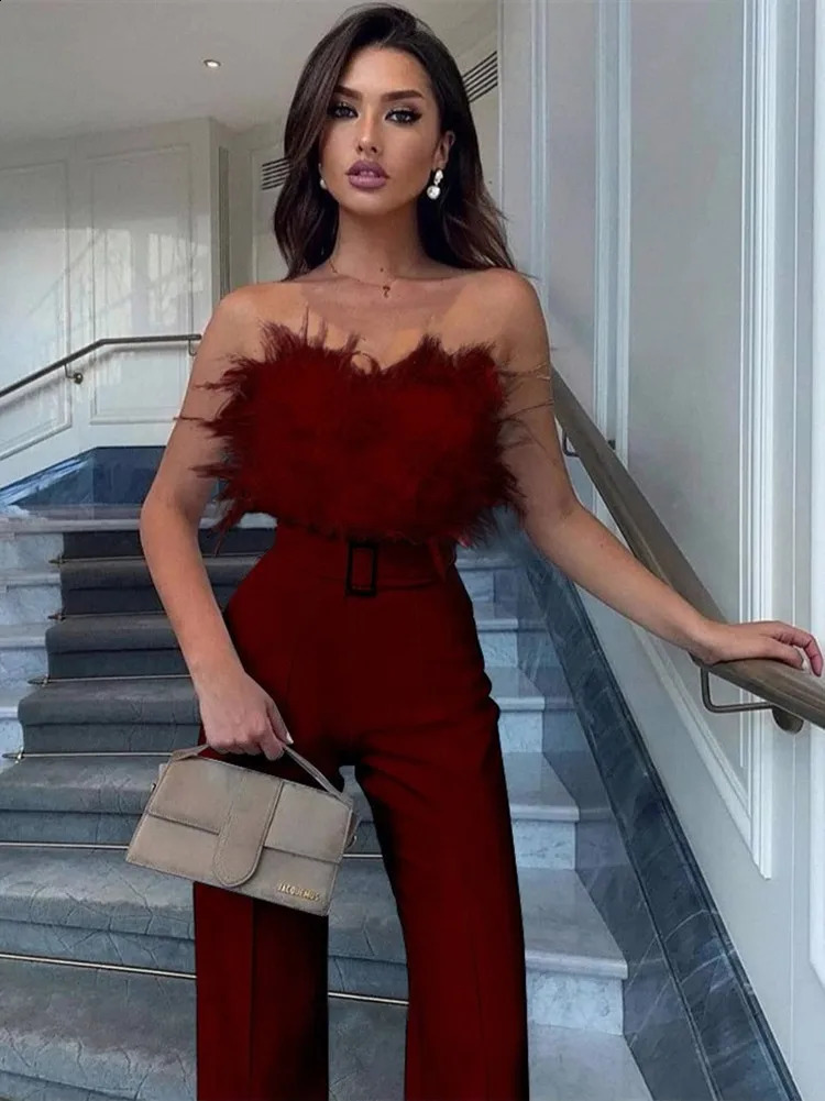 hirigin Women Elegant Long Jumpsuit Strapless Slash Neck Feather Tube Top Sexy Fashion Party Night Evening Jumpsuit Summer 240820