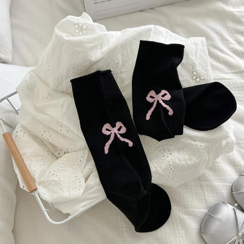 Women Socks Sweet Bow Female Japanese Solid Color Black And White Gray Gentle Girls Versatile Cute Ballet Tube