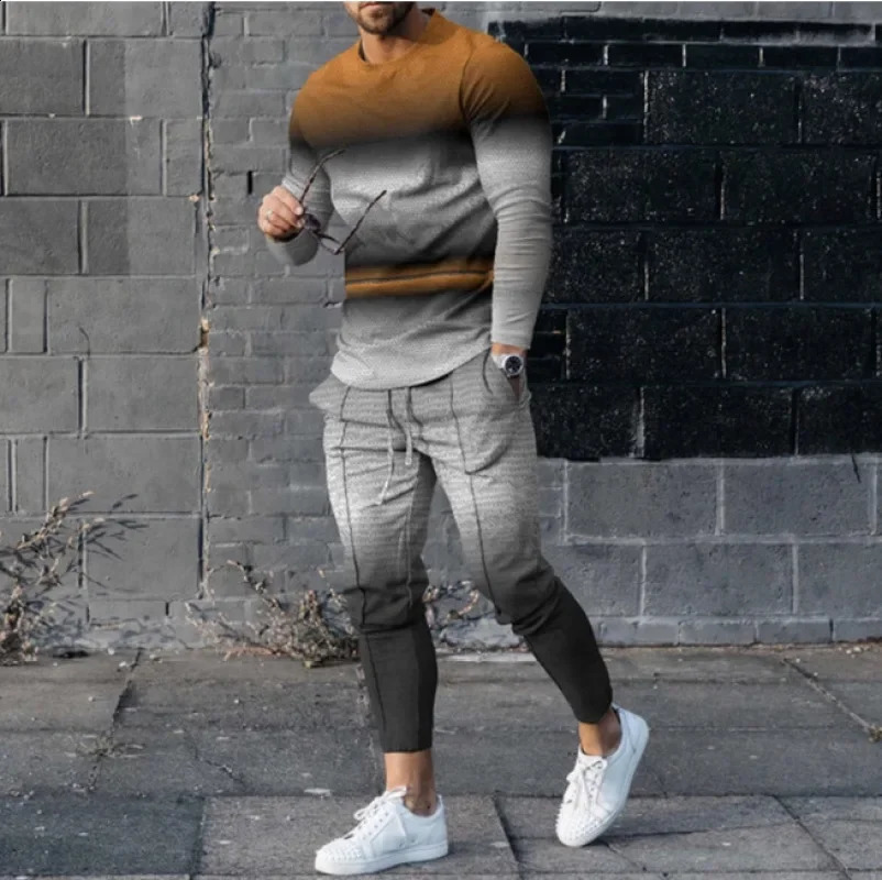 Sweater Set Mens Casual Loose Fit Large Fashion Versatile Trend Round Neck 3D Silent Print 2-Piece Set 240821