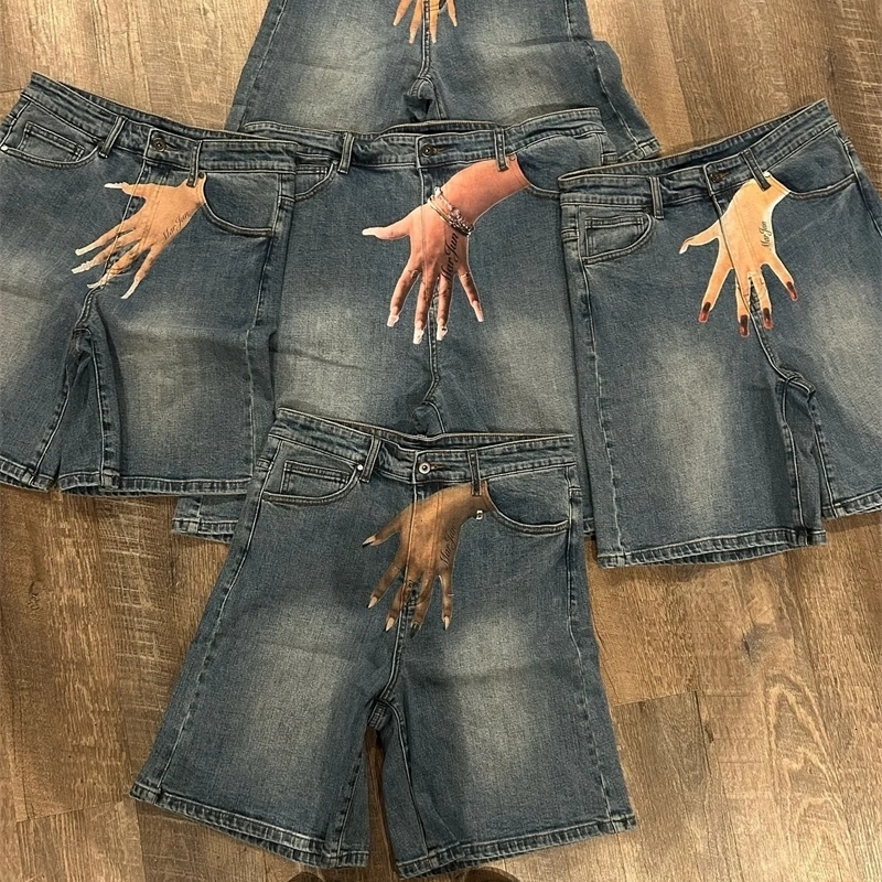 Harajuku Hip Hop Blue Baggy Hand Print Shorts 2024 Streetwear Y2K jeans Gothic Sweatpants Denim Mens Men Clothing 240820