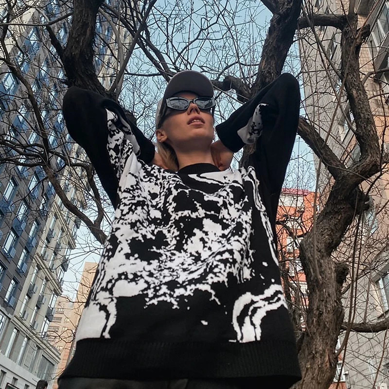 Women Hip Hop Men Sweater Black Loose Women Vintage Harajuku Knitted Sweater Autumn Cotton Pullover Unisex Goth Men Clothing 240821