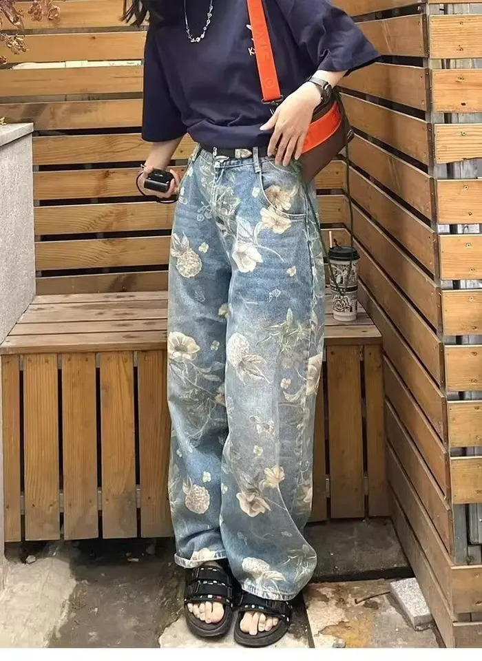 Mens Flower Printed Jeans Y2k Graphic Denim Harajuku Gothic Mid Waist Straight-leg Pants Man Korean fashion Streetwear 240821