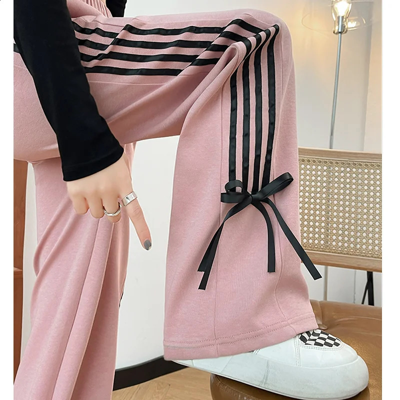 Y2k Pink Striped Sweatpants High Waist Casual Bows Wide Leg Pants Harajuku Trousers Streetwear 240821