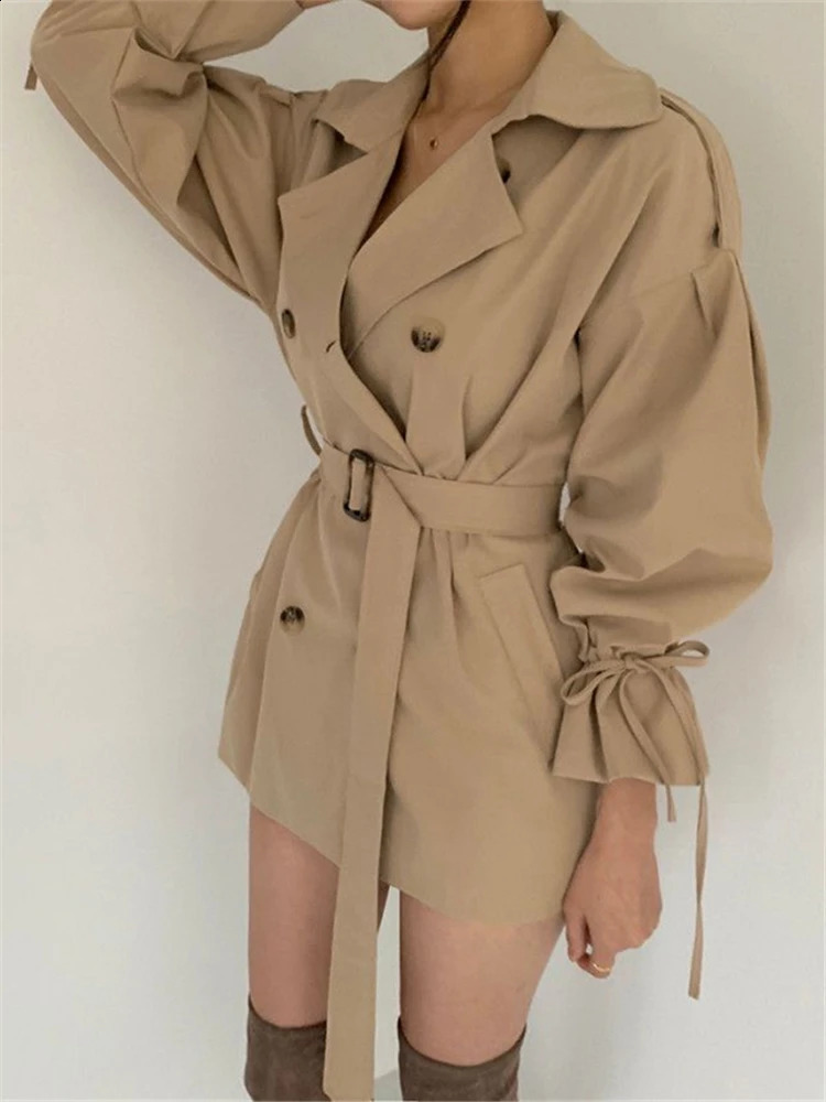 REALEFT 2023 Autumn Winter Khaki Minimalist Womens Trench Coat Sashes Windbreaker Loose Flare Sleeve Double Breasted 240820