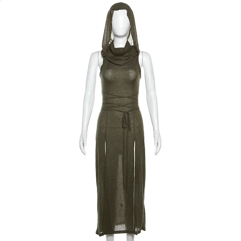 Goth Dark Cyber Gothic Hooded Dresses Women Y2k Punk Grunge Hollow Out Midi Dress Sexy Split Side Bodycon Sexy Vestidos 240821