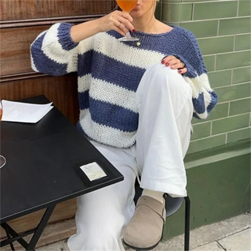 Y2k crochet knitted striped jumper womens white and blue sweater loose Oneck long sleeved zipper top autumnwinter streetwear 240821
