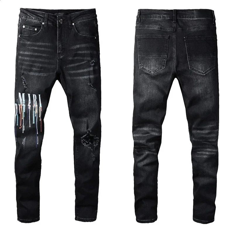Fashionable street spray painted colorful letter denim cotton casual mens black tight jeans 240820