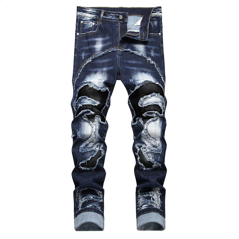 Men Patch Patchwork Stretch Denim Jeans Streetwear Ripped Slim Straight Pants Fringe Distressed Trousers Black Blue 240821
