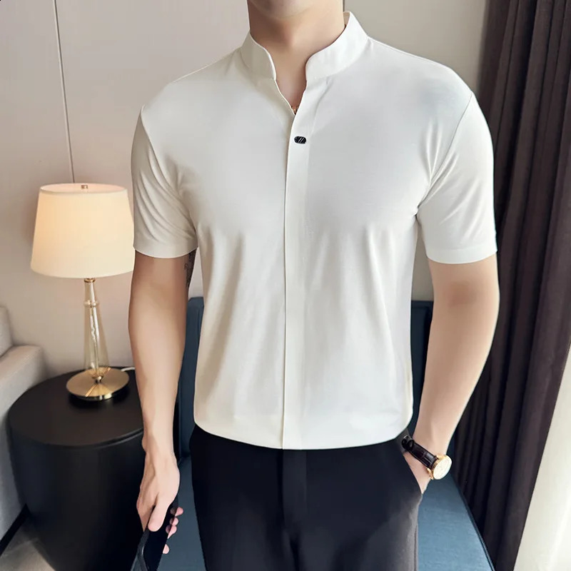 High Elastic POLO Shirt 2024 Summer Thin Chinese Stand Up Neck Solid Color Casual Short Sleeved T-shirt Mens Clothing 240821