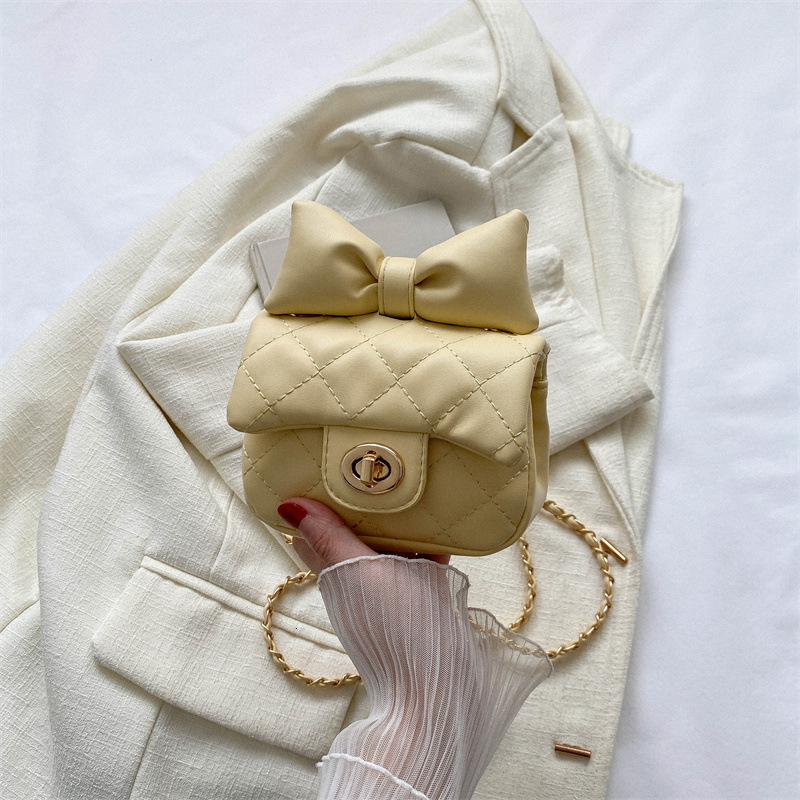 New children's with bow, coin purse, embroidered thread, small fragrant style, diamond grid bag, stylish girl's chain crossbody bag F15.2-08