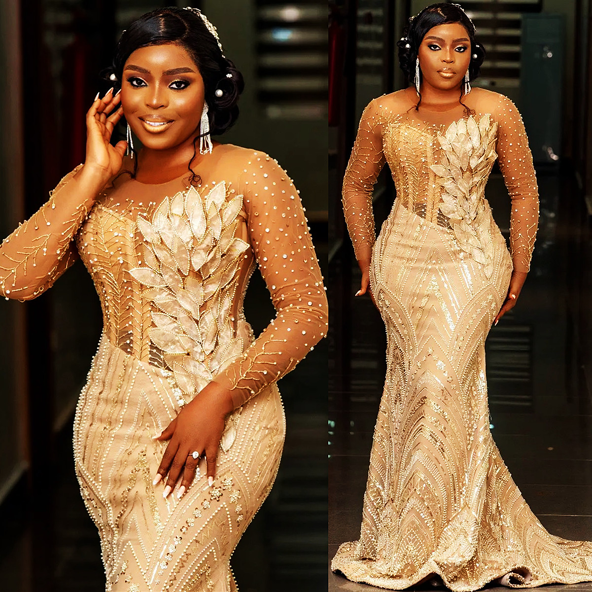 African Aso Ebi 2024 Champagne Mermaid Prom Dress Sequined Lace Dresses For Special Occasions Illusion Evening Formal Party Birthday Second Engagement