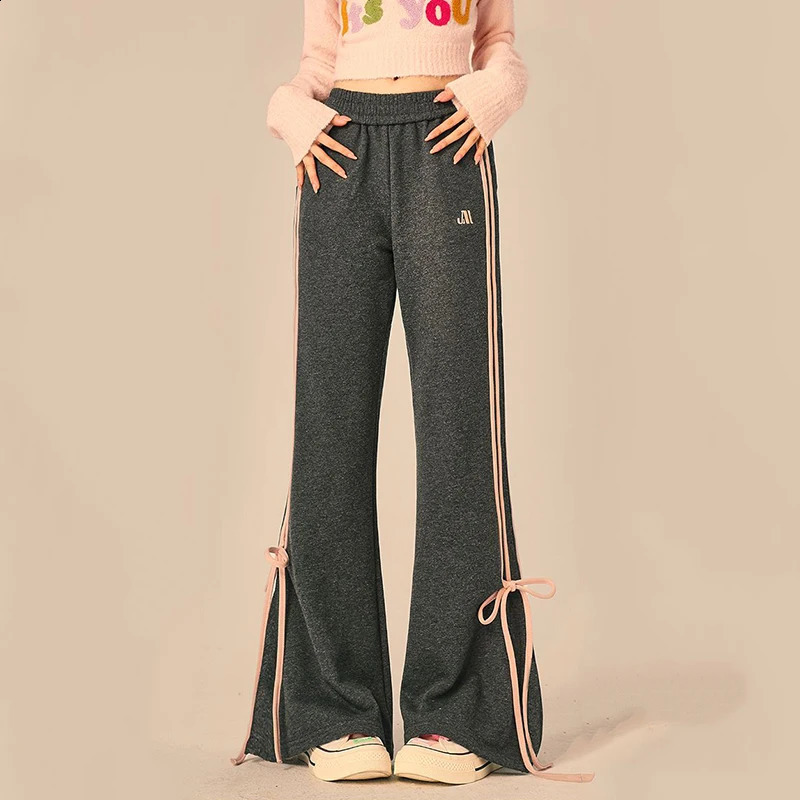 Gidyq Women Bow Casual Pants Fashion Korean Streetwear Stripe Loose Wide Leg Spring All Match Female Straight Trousers 240821