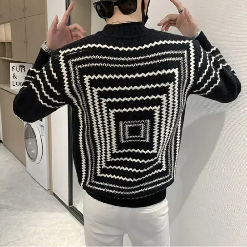 Man Clothes Graphic Knitted Sweaters for Men Pullovers Striped Half Collar Turtleneck White Korean Fashion Order Classic X 240821