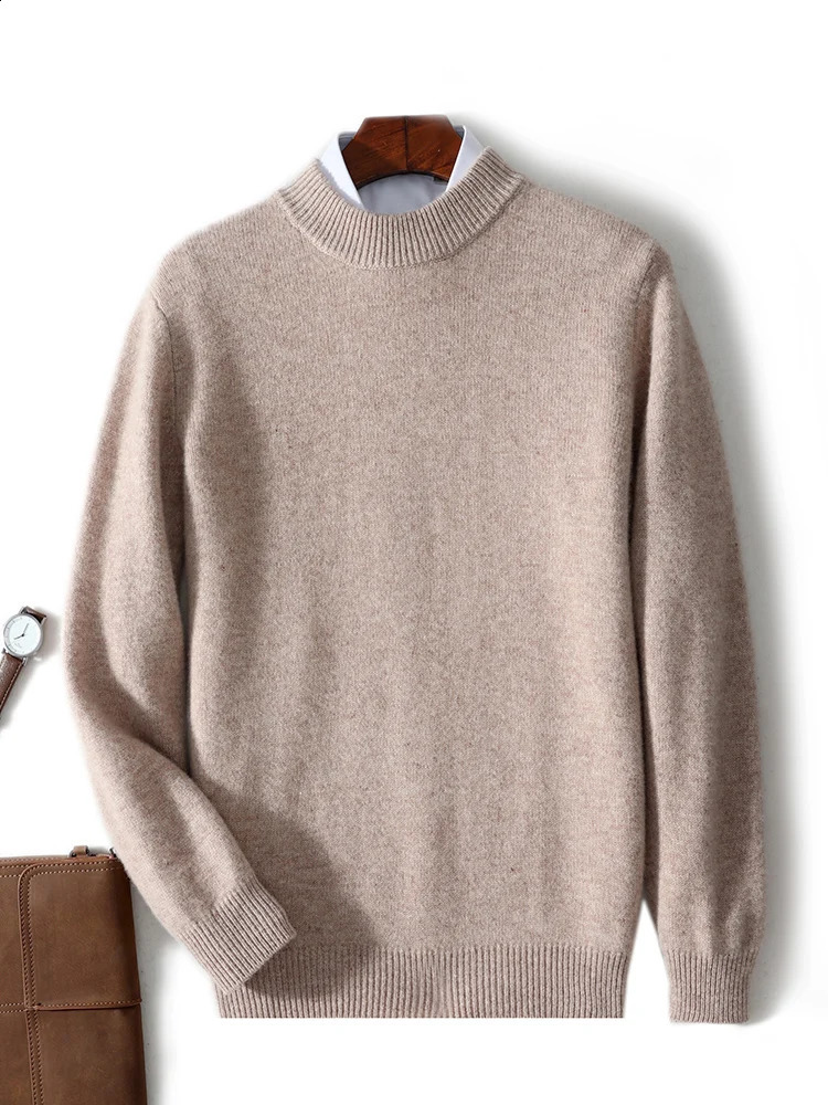 Mens Mock Neck Long Sleeve Pullover Sweater Autumn Winter Thick Basic Smart Casual Jumper 100% Merino Wool Knitwear Tops 240821