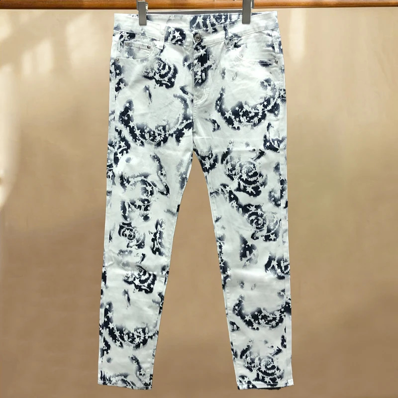 Mens Street Elastic Pant Trendy Slim Fit Jeans Personalized Print Pantalon Mens Punk Denim Long Pants Hip Hop Jeans Homme 240821