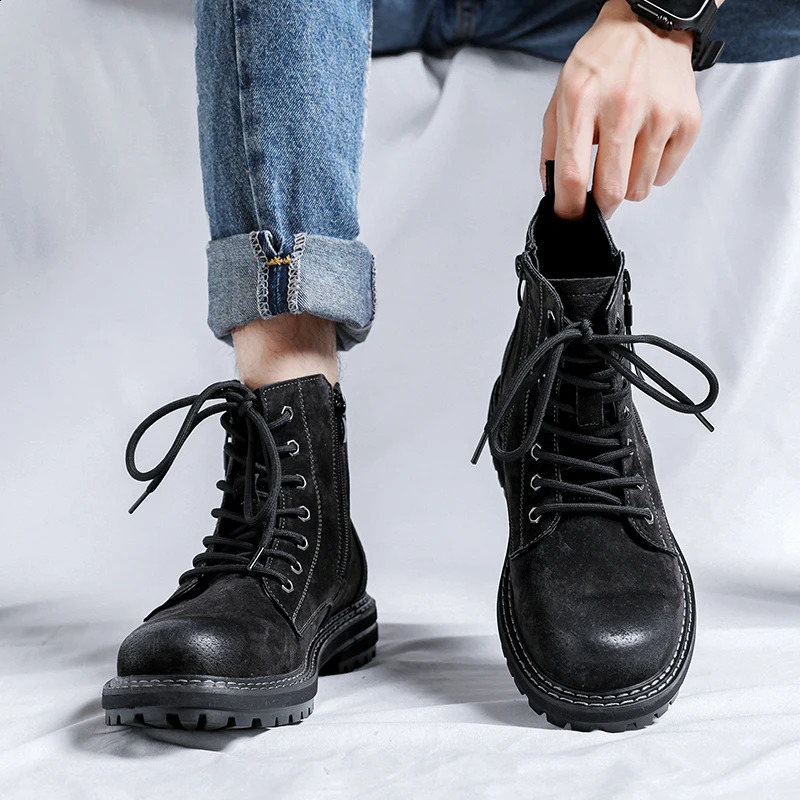 selling mens casual round toe work boots mens boots mens boots premium boots leather solid color mens ankle boots 240821