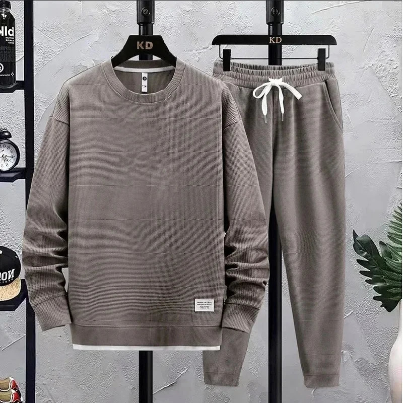 Mens Waffle Suit Sets Casual Long Sleeved Sweatshirt and Pants for Sports Mens T-shirt Hoodie Casual Trousers Set Loose Fit 240821
