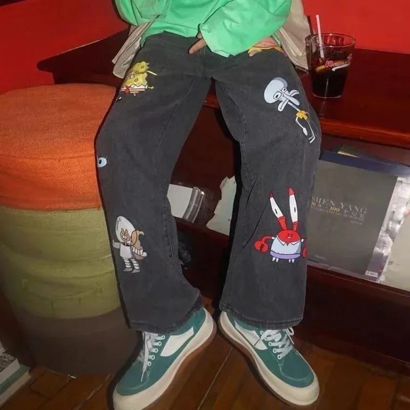 Men and Women Straight Loose Autumn Korean Style Cartoon Printed Jeans Pants Street Hip-hop Handsome Nine-point Pants Fashion 240821
