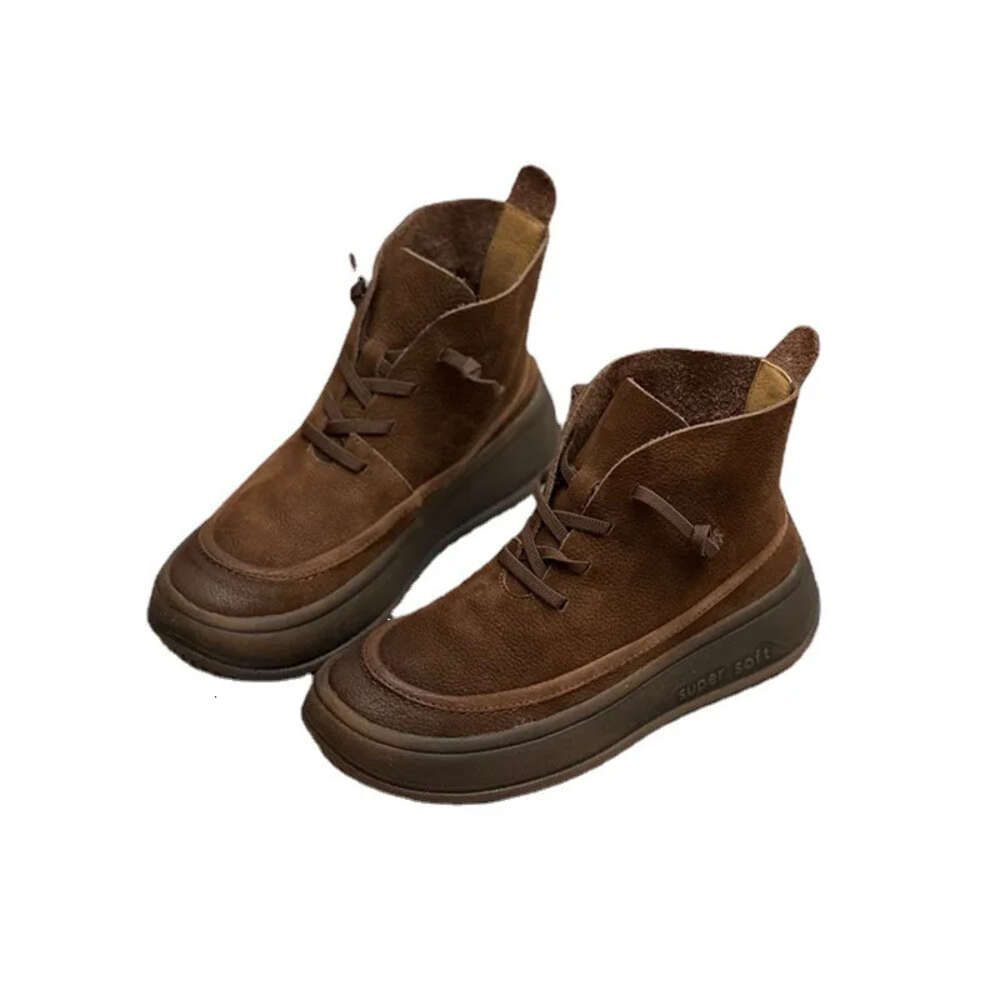 Platform Frosted Cow Vintage Women Leather Women's Shoes Thick Bottom Brown Ankle Boots Plush Warm Snow Boots