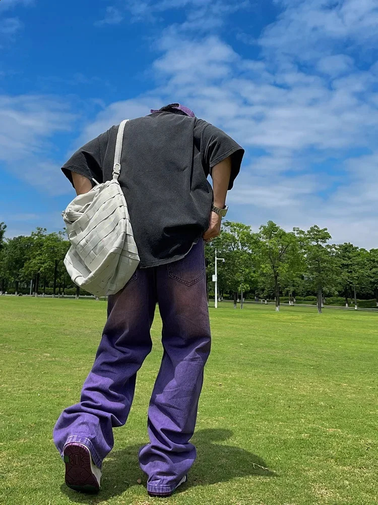 American Style Purple Straight-leg Jeans For Men Women Casual Hip Hop Vintage Loose Fit Wide Leg Dragging Trousers 240821