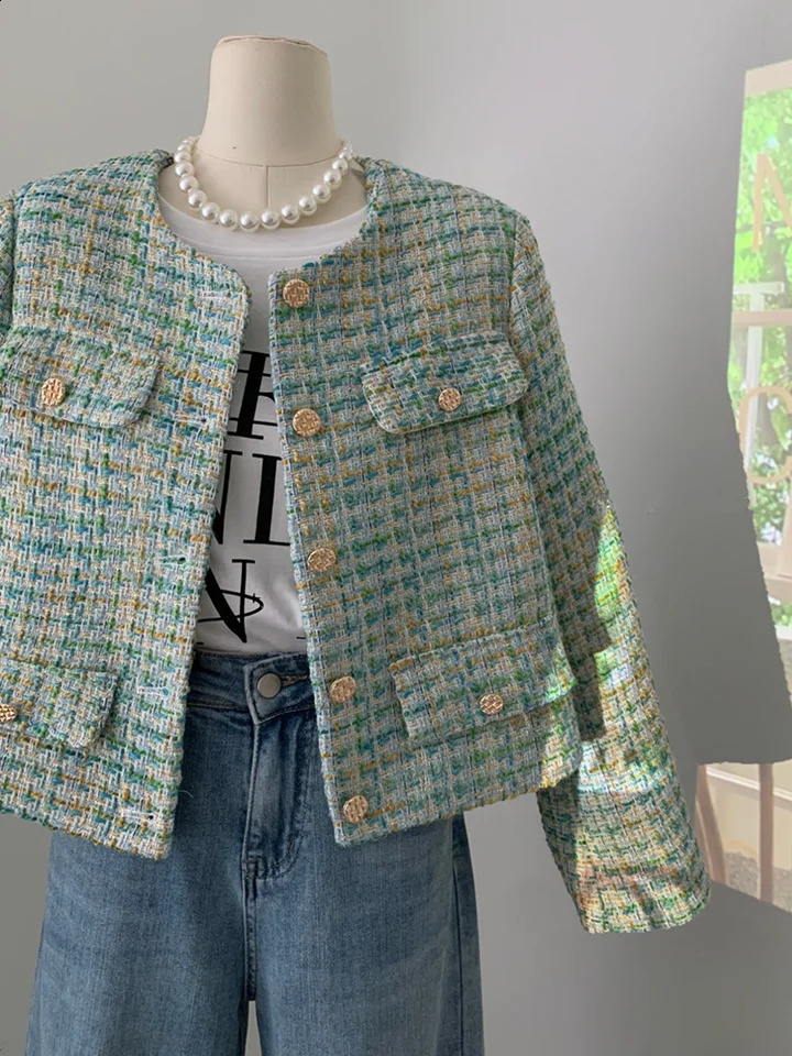 Zoki Retro Green Plaid Tweed Jacket Women Elegant O Neck Long Sleeve Sweet Coat Korean Casual Vintage Female Outwear Tops 240821