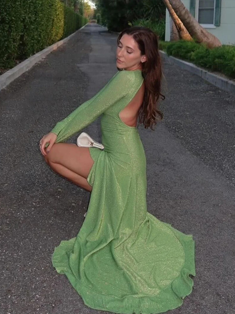 Sexy Knitted Backless Dress Women Irregular Ruffle Long Flare Sleeve Hip Package Sequin Female Midi Dresse Summer Lady Robe 240815
