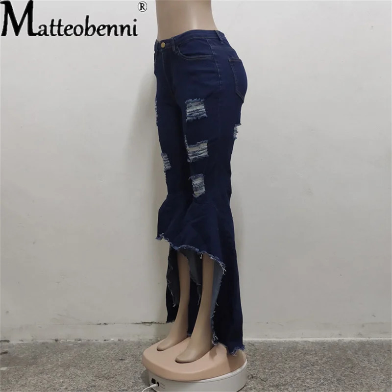 Sexy Ripped Jeans Fringe Hollow Out Ruffle Water Wash Flare Denim Pants High Waist Bodycon Hole Women Trousers Club Outfits 240821
