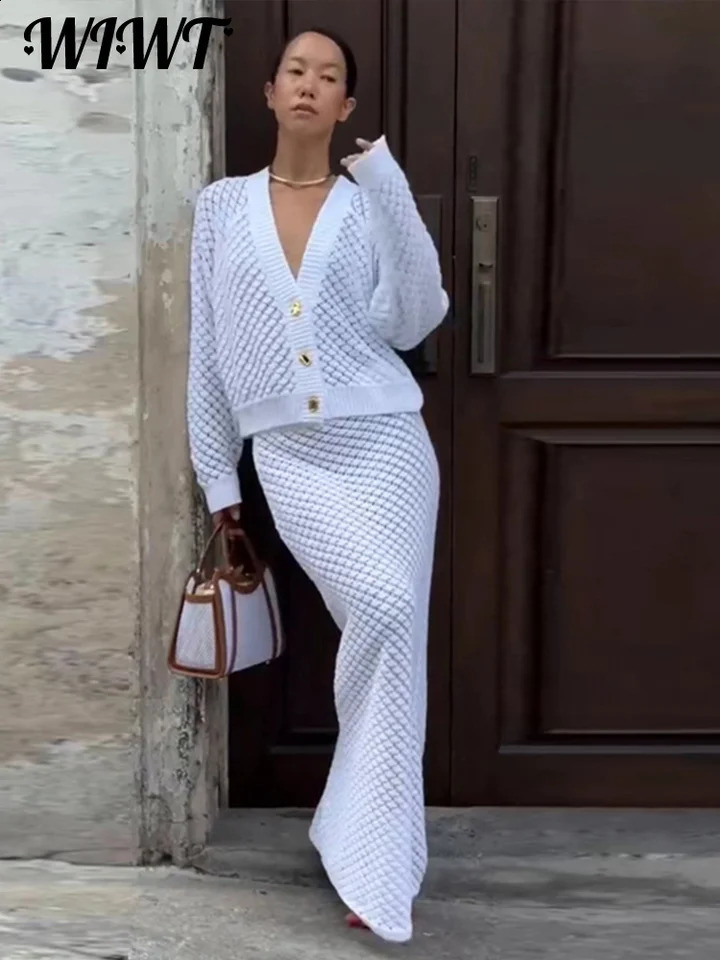 Slim Knit Hollow Out Cardigan Skirts Set Women Single Breasted V-Neck Long Sleeve Top Elegant Skirt Autumn Chic Lady Outfit 240820