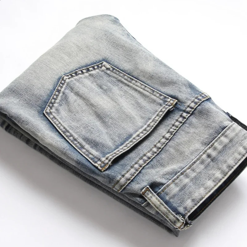 Mens Nostalgic Ripped Jeans Embroidered Straight-leg Slim Fit Male Casual Colorblock Denim Trousers Mens Pants 240821