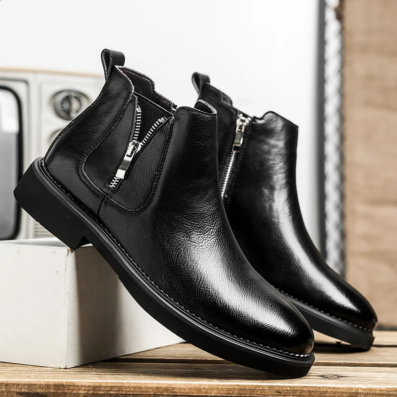 British style mens Chelsea boots fashion mens Chelsea boots leather elastic band ankle boots business dress shoes 240821