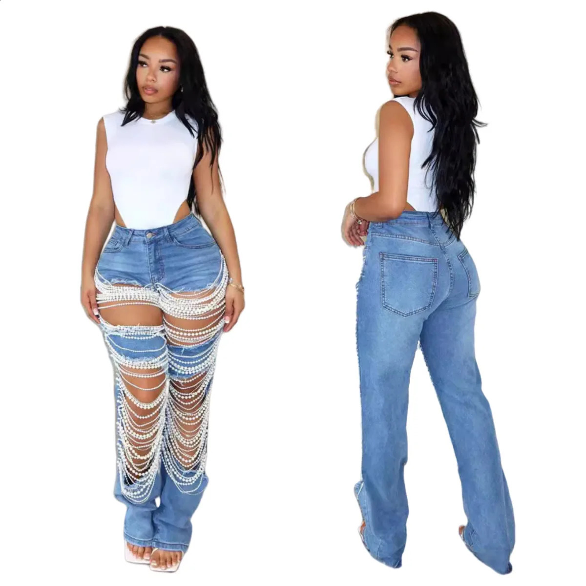 stretch fashion ripped pearl chain decorated jeans 240821
