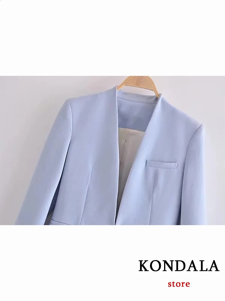 KONDALA Office Lady Light Blue Blazer Suits Women 2 Pieces V Neck Loose JacketsHigh Waist Sashes Pants Fashion Autumn Sets 240809