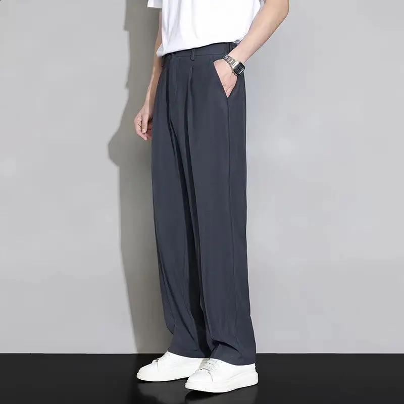 Summer Thin Ice Silk Suit Pants For Men Elastic Waist Wide Leg Straight Trousers Korean Cool Breath Casual Pant Streetwear 240820