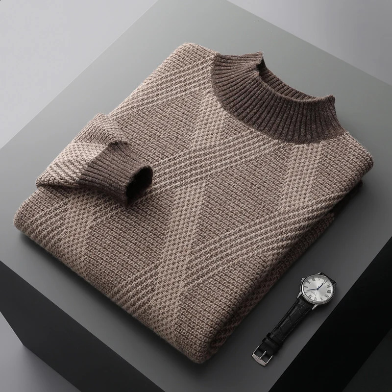 100% pure woolen sweater in autumn and winter mens semi-high collar seat thick sweater loose contrast cashmere knit bottomin 240821
