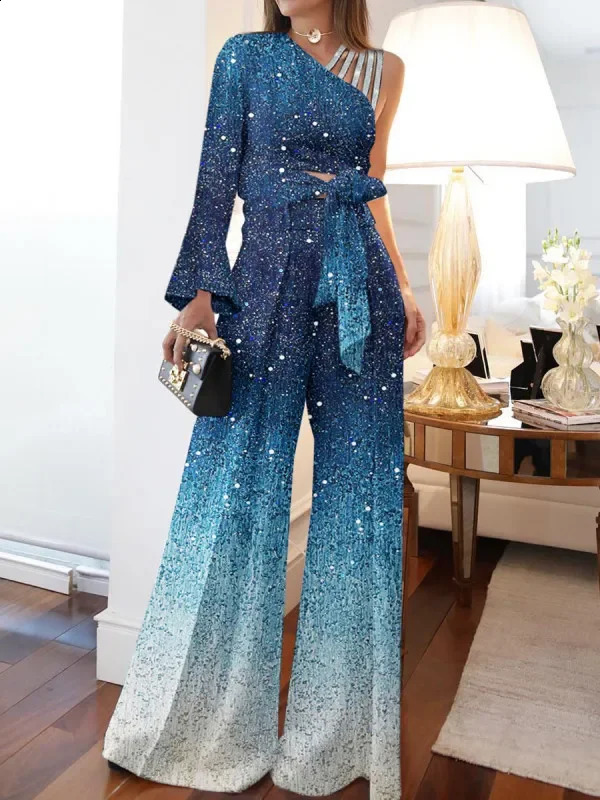 2024 Elegant Women Jumpsuits Casual Long Sleeve One Shoulder Wide Leg Jumpsuit Lace Up Loose Wide Legs Romper High Streetwear 240820