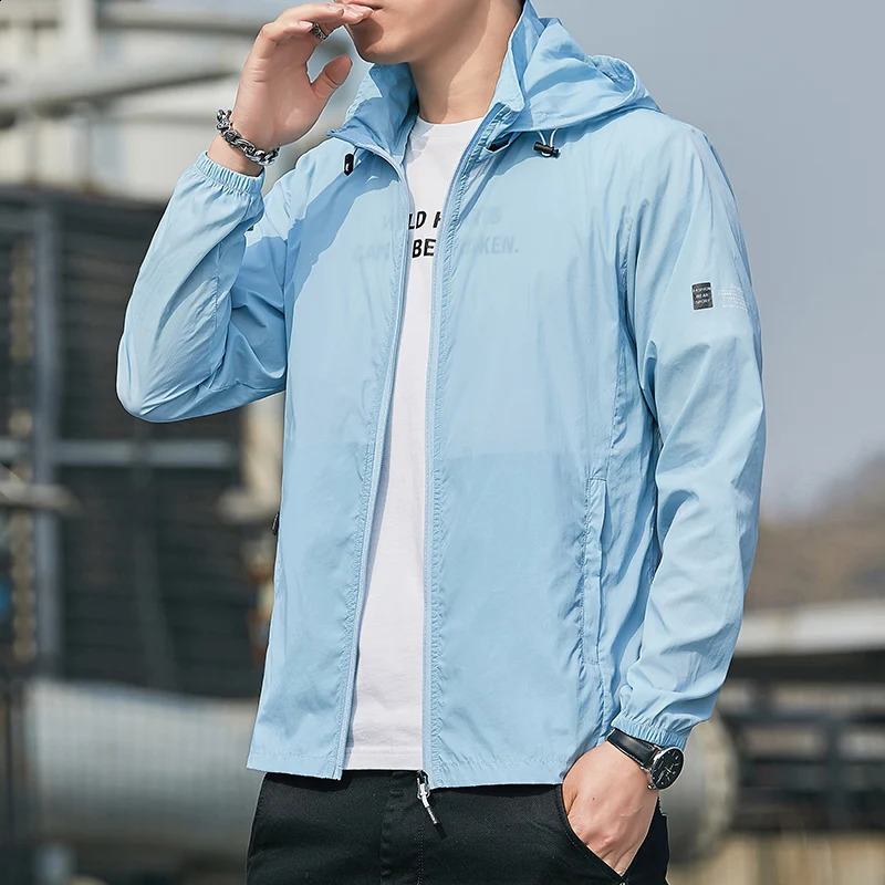 2024 Summer Simple and Trendy Mens Solid Color Pocket Zipper Loose Long Sleeve Sunscreen Breathable Ultra Thin Hooded Coat 240820