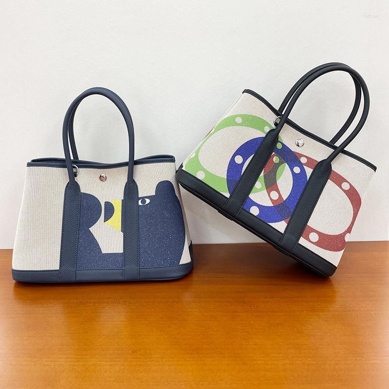 Totes Garden Bag Painted Women's Head Layer Cowhide With Canvas Shoulder Handbag Tote Mummy