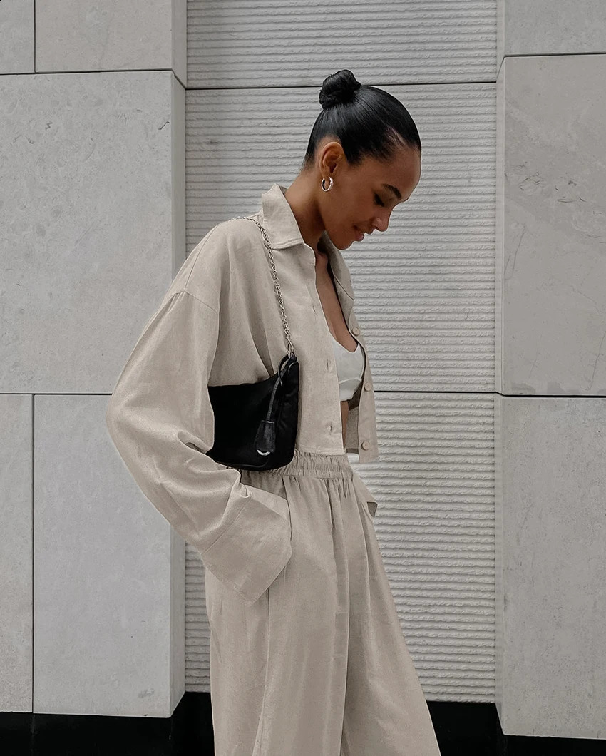 Autumn Winter Khaki Two Piece Set Women Plus Size Clothing Casual Cotton Linen Suit Jacket Long Sleeve Trousers 2-piece Set 240820