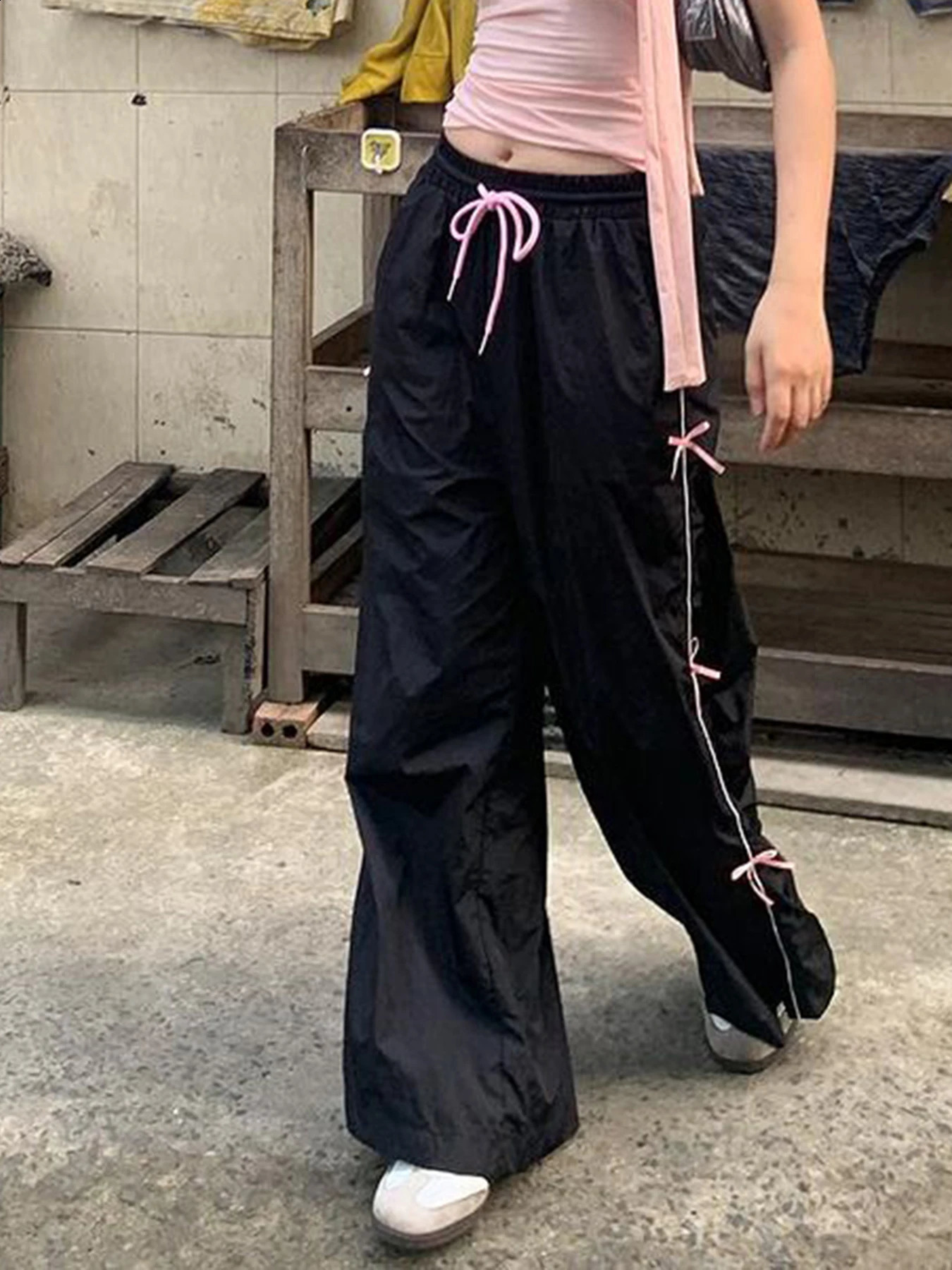 IAMSURE Sweet Bow Striped Wide Leg Pants Casual Loose Basic Bandage MidWaisted Women Summer Fashion Streetweear Lady 240821