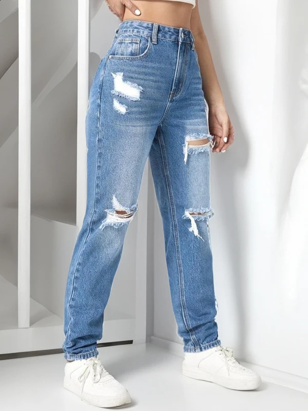 trendy womens ripped denim wide leg pants 240821