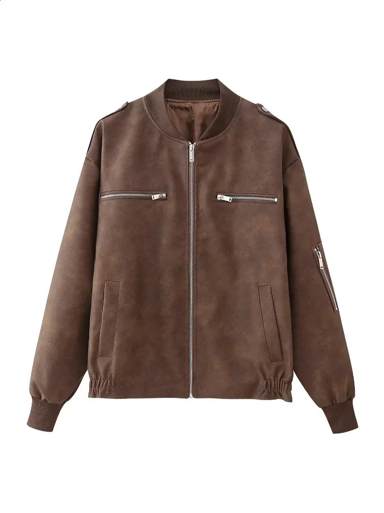 Vintage Solid Zipper Pocket O-neck Women Coat Casual Long Sleeved Button Pilot Jacket High Street Motorcycle Outerwears 240820