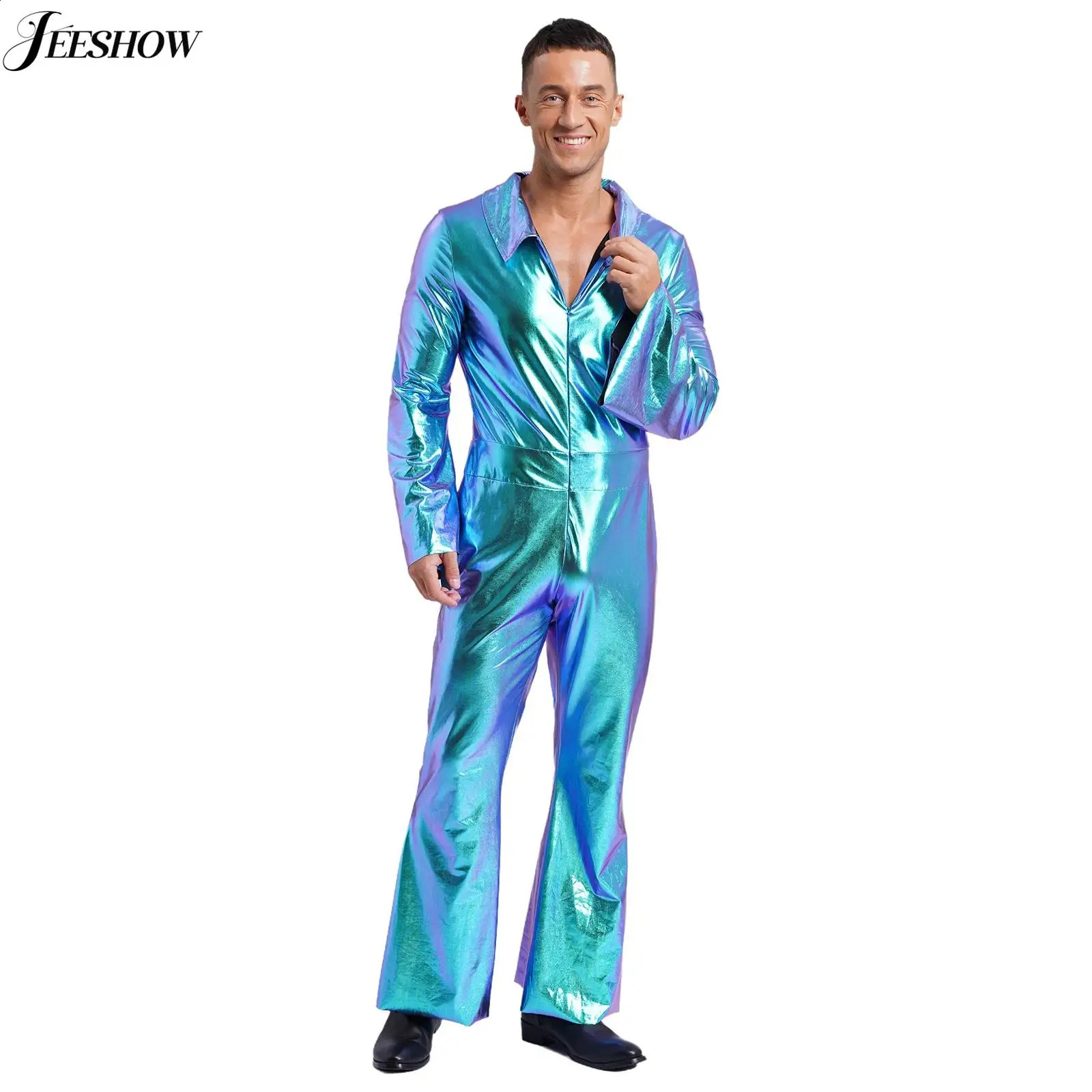 Mens Shiny Metal Disco Set 70s and 80s Hippie Costume Flip Collar Shining Long Sleeve jumpsuit Retro Bell Bottom jumpsuit 240821
