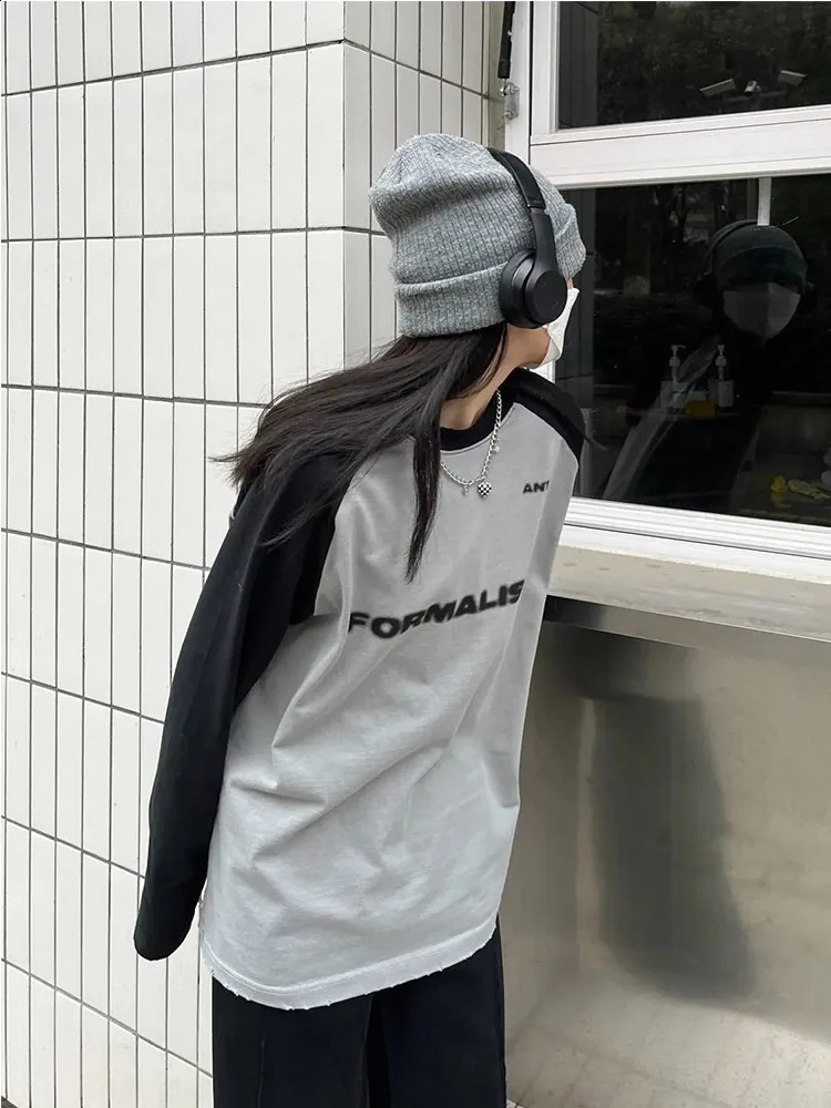 Womens letter printed Tshirt autumn long sleeved patch work top fashionable retro Y2K ONeck comparison girl Kpop clothing 240820
