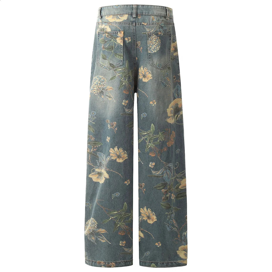 Flower Printed Baggy Jeans Vintage Blue Loose Straight Denim Pants Men Streetwear Harajuku Hip Hop Oversized Jeans Trousers 240821