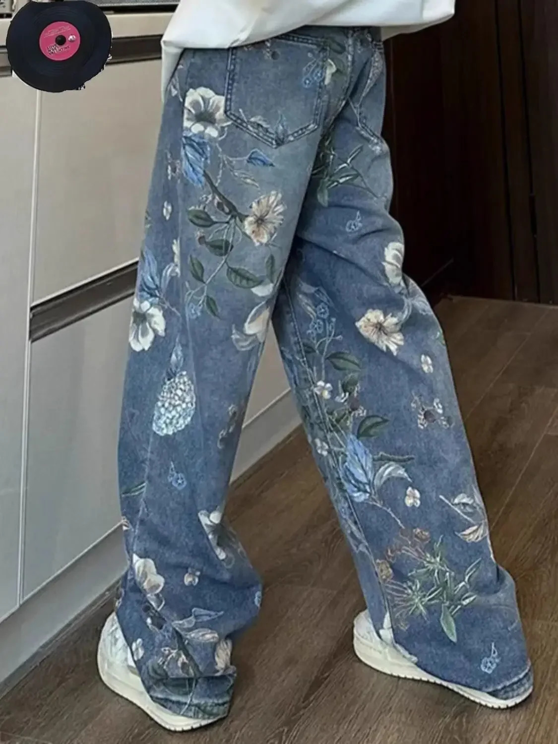 Hip hop high street personality flower print straight leg washed jeans for men and women loose wide leg casual couple pants y2k 240821