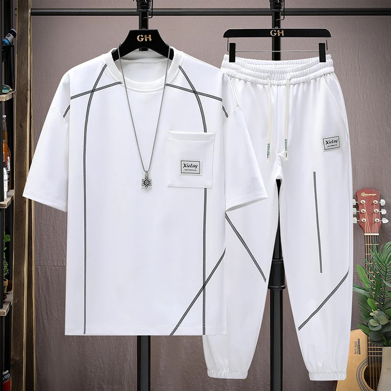 Summer Casual Mens Sets Short Sleeve T-Shirts And Full-Length Pants Two Piece Set Clothing Outwear Tops Tees Tracksuit 240821