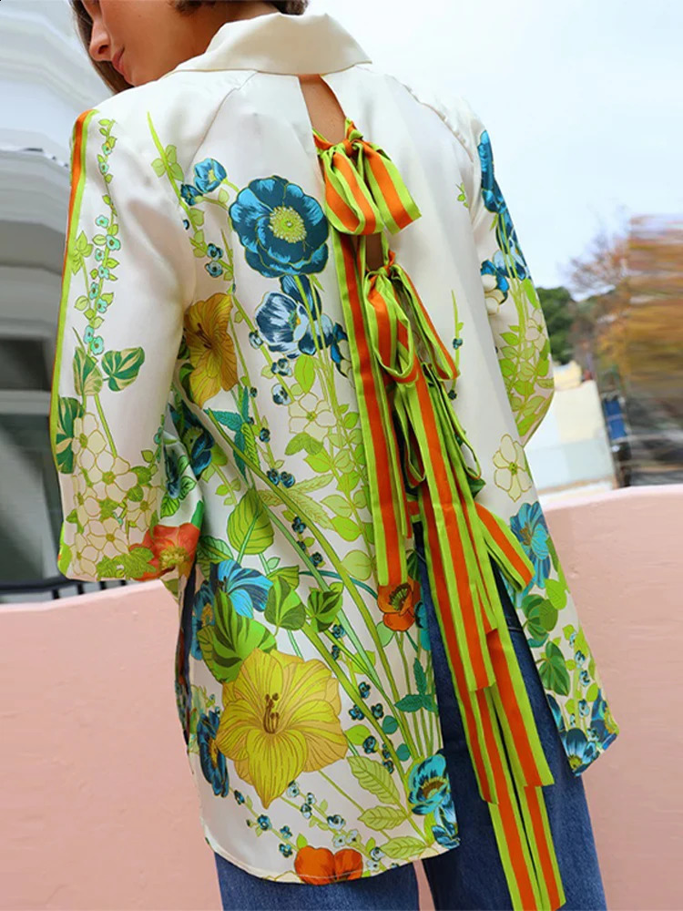 Print Wide Leg Pants Suits Women Vintage Long Puff Sleeve Lapel Shirt Elastic Waist Autumn Casual Streetwear Lady Two Piece Sets 240820