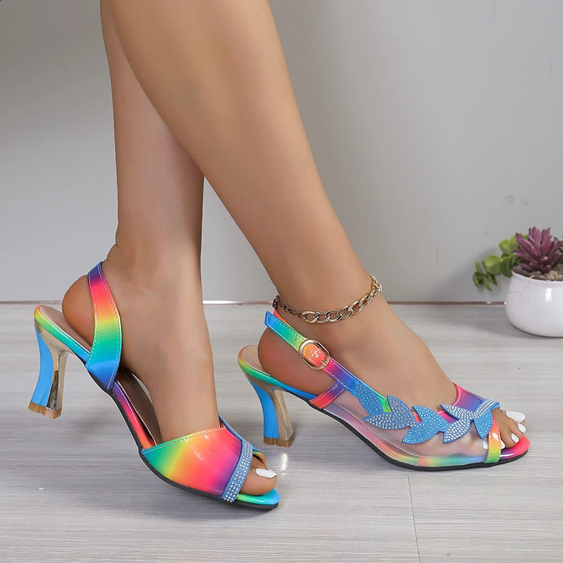 Elegant Ladies Colorful Crystal Sandals Summer 2024 Peep Toe Back Strap High Heels Party Wedding Shoes Woman Plus Size 43 Pumps 240819