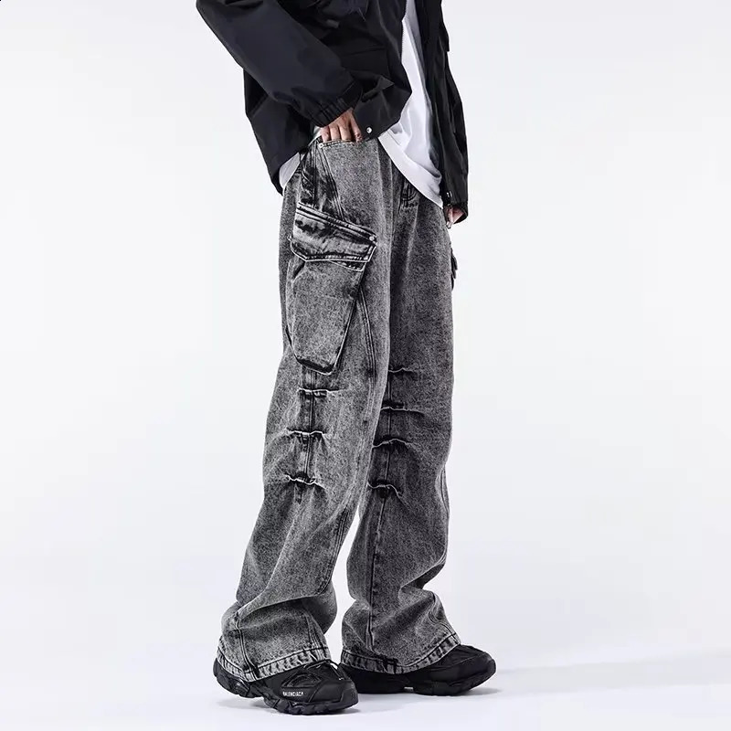 Ropa Aesthetic Y2K Fashion Vintage Grey Baggy Cargo Jeans Pants For Men Clothes Pleated Streetwear Straight Long Trousers 240814