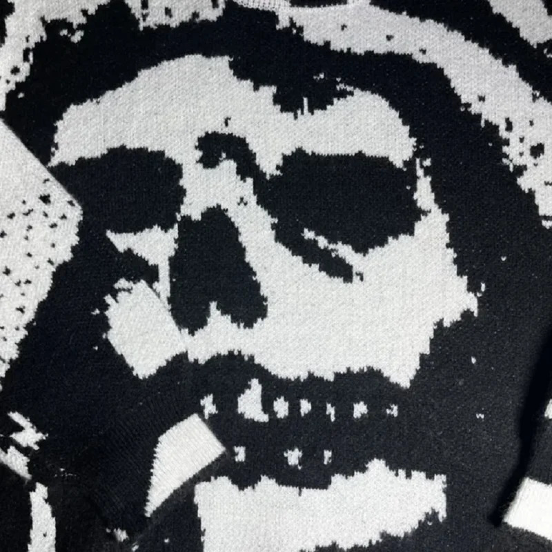 Hip Hop Men Dark Black White Skull Knit Sweater Oversized Casual Fall Winter Punk Graphic Pullover Gothic Top Vintage Clothes 240821